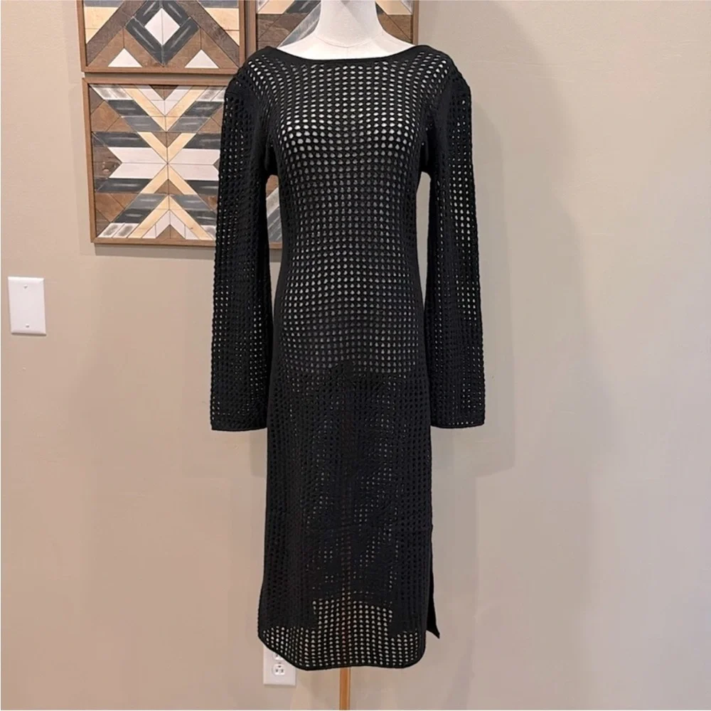 NakedCashmere Open Knit Crochet Black Coverup Kaftan Dress Black XS NWT - Picture 2 of 12